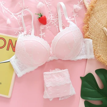 Brzoskwinia różowy miłość japoński słodki piękny komplet bielizny sexy kobiet Lolita siatka koronkowa bielizna push-up Biustonosz z fiszbiną bikini zestaw