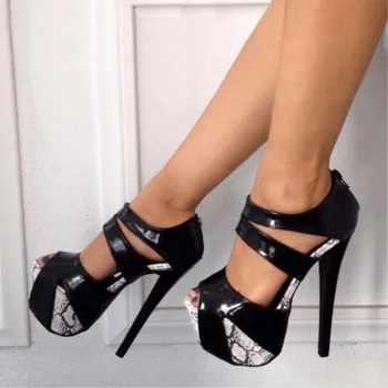 Buty SHOFOO, słodkie sexy buty damskie , czarna skóra wężowa open toe, błyskawica, sandały na wysokim obcasie 14,5 cm, sandały Damskie.