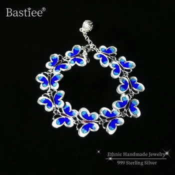 Błękitny motyl 999 srebro bransoletki dla kobiet перегородчатая szkliwo bransoletka Femme luksusowe biżuteria Vintage Charm pulseiras