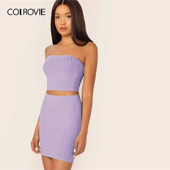 COLROVIE Solid Rib-knit Tube Crop Top and Bodycon Skirt Set Women Two Piece Set Summer Skinny Sexy 2 Piece Outfits