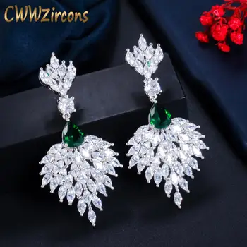 CWWZircons wspaniały zielona cyrkonia długie pióro kolczyki drop kolczyk dla kobiet bankiet ślub biżuteria akcesoria CZ794