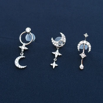 Cheny s925 srebro września nowy naturalne perły pędzelkiem długi krzyż, gwiazda i Księżyc kolczyki, żeński, moda projektowania wysokiej klasy