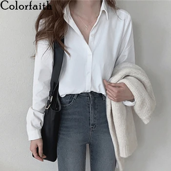 Colorfaith New 2020 Women Autumn Winter Blouse Shirts Casual Oversize Elegant Solid Fashionable Office Lady Wild Tops BL3277
