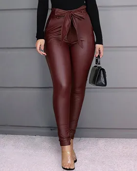 Czarny pas elegancki Wysoka Talia ołówek spodnie kobiety syntetycznej skóry PU pasa długie spodnie casual sexy ekskluzywny design, modne spodnie
