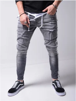 Człowiek podarte spodnie ołówek skinny denim rowerzysta strona paski jeans pasek boczny podarte Szczupły człowiek błyskawica projekt zarysowane hip-hop dżinsy