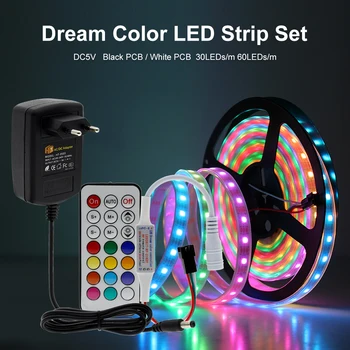 DC5V Full Color WS2812B LED Strip with 21key Remote Controller 2m 3m 5m set Dream Color RGB Smart Pixel control Led Strip.