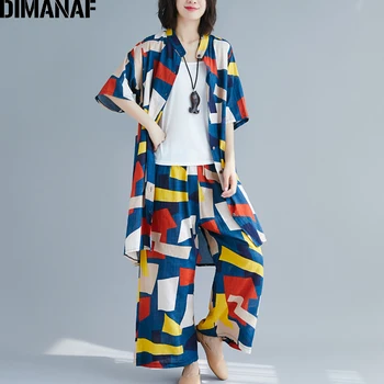 DIMANAF plus rozmiar damskie zestawy bawełnianej bielizny lato damska Lady bluzki koszula temat duży rozmiar długie spodnie zestaw garnitur druku geometryczne 2021