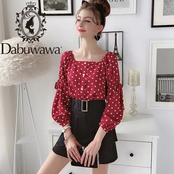 Dabuwawa bordowy lampa rękaw dekolt bluzka nowoczesna dama elegancki jednorzędowy punktowy print bluzki kobiety DT1CST030