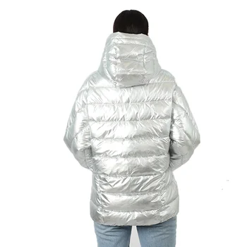 Damska dół zbiórki kurtka parka damska zimowa bawełniana pikowana kurtka z kapturem srebrny kosmiczny metaliczny połysk krótki odzież damska 18-934