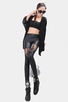 Damskie legginsy 2019 moda wysokiej jakości punk czarny skóra ekologiczna gotycki koronki szwy legginsy damskie cienkie skórzane spodnie Capri