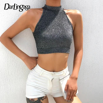 Darlingaga Fashion Bling Bodycon Glitter Tank Top Backless Sexy Summer Top Women Vest Tie Up Festival Party Crop Tops Haut Femme