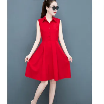 Dress Women 2020 New Summer Korean Dresses Fashion Ladies Vestidos Sleeveless Mid-length Lapel Belt Red Yellow Shirt Dress S-3XL