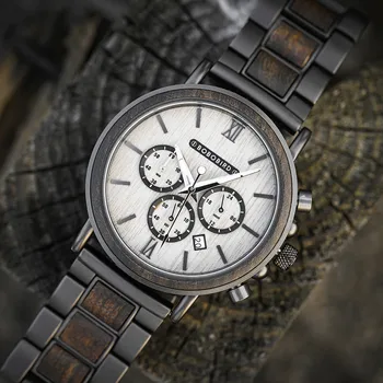 Drewniane Bobo ptak zegarki męskie zielone Świecące strzałki auto data chronograf zegarek luksusowe zegarki na rękę ze skrzynią Relogio Masculino