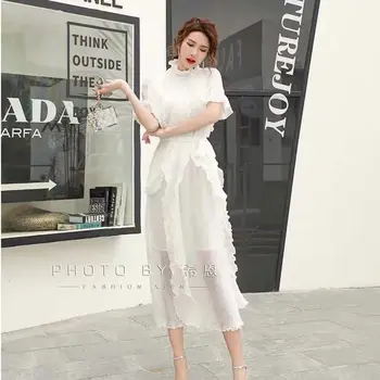 Duży rozmiar szyfon lato wysokiej klasy bielizna sukienka 2020 moda słodkie stoisko kołnierz maxi sukienka damskie eleganckie ruffle bandaż sukienkę