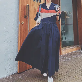 Długa Suknia Kobiety Jesień 2020 Koreańskiej Meble Ubrania Kolor Bloku Przycisk W Górę Tunika Linia Damska Swing Maxi Lata Dorywczo Sukienka Lady