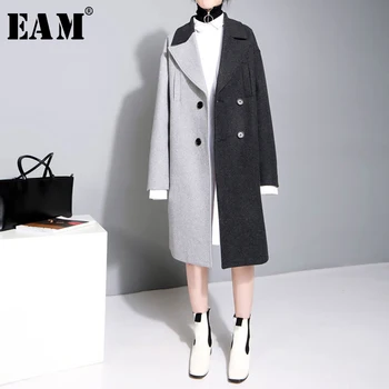 [EAM] 2021 Nowa wiosna płaszcz z długim rękawem kolor czarny szary Split stawu wolny duży rozmiar kurtki moda damska JC969