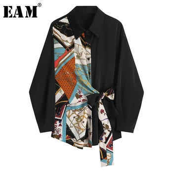 [EAM] kobiety czarny wzór drukowane opaska duża bluzka jest nowa marynarka z długim rękawem luźny krój koszula moda wiosna lato 2021 1Y892