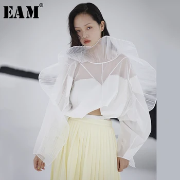 [EAM] kobiety plisowane perspektywa organza trójwymiarowa bluzka nowa długi rękaw luźny krój koszula moda wiosna lato 2021 1S11