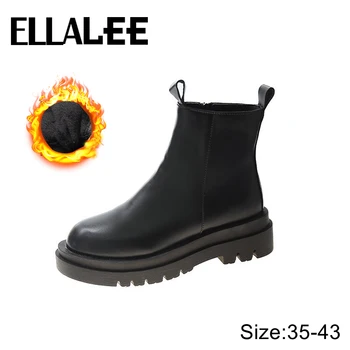 ELLALEE Plus Size Female Chunky Warm Winter Boot Martin Platform Chelsea Fashion Western Ladies Damskie botki