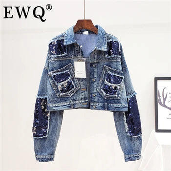 [EWQ] wiosna jesień nowy 2020 klapy rękaw nietoperz jednorzędowy linkę krótkie temat jeansowa kurtka płaszcz moda kobiety 3AJ633