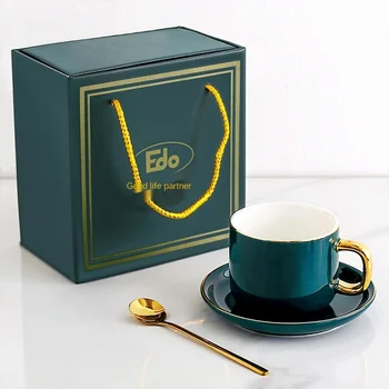 Edo europejski styl luksusowy filiżanka do kawy zestaw filiżanka zwykłej herbaty kubek ceramiczny z łyżeczką kubek latte ciemno-zielony