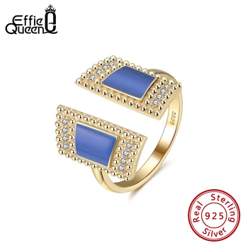 Effie Queen niepowtarzalny design niebieski emalia regulowany unisex pierścień błyszczący obiekt, w luksusowym duży pierścień złoty kolor 925 srebrny pierścień prezent biżuteria EQR05