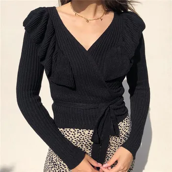 Elegancki wełniany sweter z dzianiny V neck z długim rękawem sznurowanie, papier pakowy sweter kobiety 2021 wiosna jesień pr bluza damska bluzki dzianina
