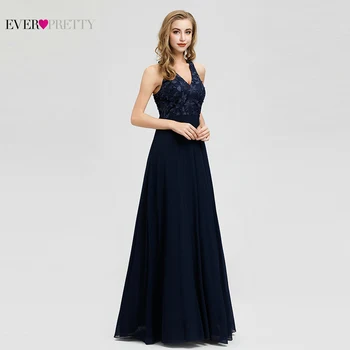 Ever Pretty ciemno-niebieskie sukienki druhny długie trapezowe V-neck bez ramiączek suknie ślubne koronki vestido de festa longo