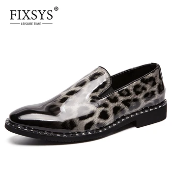 FIXSYS popularne męskie mokasyny leopard print Slip-on Dress Shoes sale ślubne, buty wieczorowe lakierowana skóra z ostrym czubkiem męskie оксфорды