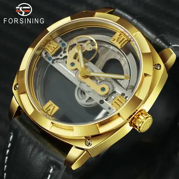 FORSINING Watch for Men Luxury Brand Golden Bridge Automatic Wathes przezroczyste etui Królewski pasek z naturalnej skóry Męskiej reloj