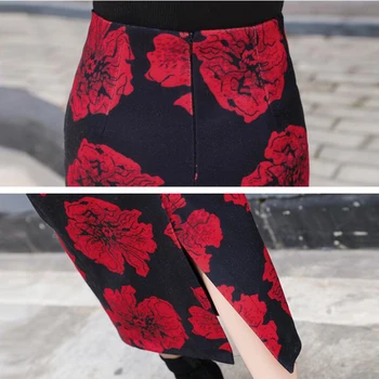 Gorąca 2019 Moda Bodycon Spódnica Ołówek Jesień Zima Wełniana Falda Mujer Duży Czerwony Print Kwiatowy Spódnice Wysoka Talia, Długie Biurowe Saias
