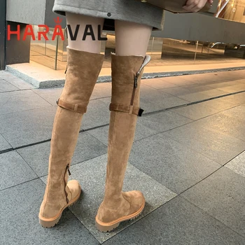 HARAVAL Women Winter Warm Flat Over Knee High Boots Black Brown Zipper Suede Fashion Lady Long Boots Low Heel Buckle Shoes E265L