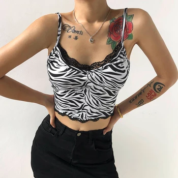 HEYounGIRL Black Lace Side Summer Top Women Zebra Print Sleeveless Spaghetti Strap Tops Tees Fashion Lady Cropped Cami Top