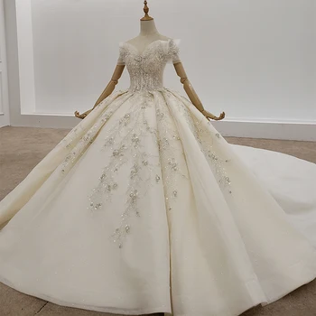 HTL1317 kochanie z ramienia Kryształ cekinami suknia ślubna 2020 z krótkim rękawem aplikacja linkę koronki suknia wieczorowa