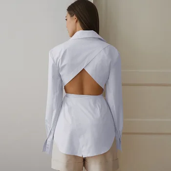 Hbenna biała bluzka damska moda hollow bluzka przycisk z długim rękawem ścielenia kołnierz koronki koszula bluzka 2021 dorywczo szczyty