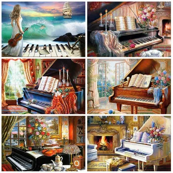 Huacan Diamond Painting Piano For Home Decorations Mosaic Music Handmade Gift Wall Art
