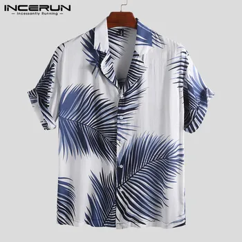 INCERUN drukowanie mężczyźni hawajska koszula casual lato klapy szyi z krótkim rękawem bluzka moda plażowe koszule mężczyźni Camisa Masculina 2021