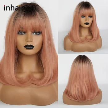 Inhaircube Ombre różowy ciemny korzeń 16 cali syntetyczne peruki dla kobiet faliste Hairgirl długie cosplay peruka z grzywką Lolita DIY&INS