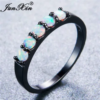 JUNXIN New Design Fashion Single Row Round White Fire Opal obrączki czarne złoto wypełniony pierścień dla kobiet, Najlepsze prezenty dla przyjaciółki