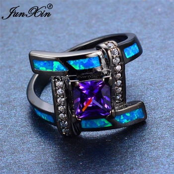 JUNXIN geometryczny wzór niebieski opal fioletowy pierścień czarne złoto wypełnione kobiety dekoracje ślubne pierścienie obietnica dla pary RB0540