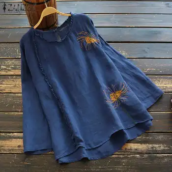 Jesienna koszula z długimi rękawami i falbany ZANZEA damska, bawełniana, lniana bluzka casual haft topy tunika Vintage Blusas koszulka plus size