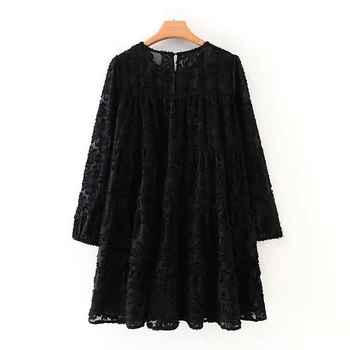Jesień 2020 Czarne Текстурированное Mini Sukienka Kobiety Plus Size Kwiat Dress Woman Long Transparent Sleeve Smock Design Ladies Club Dresses