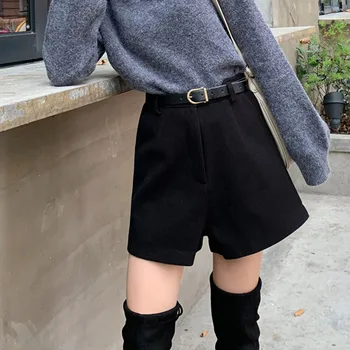 Jesień zima 2020 czarne wełniane szorty Damskie z wysokim stanem szerokie krótkie spodnie koreański styl casual szorty z paskiem