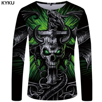 KYKU Brand Skull T shirt męska koszula z długim rękawem zielony śmieszne koszulki Bull Head Rock Dragon meble ubrania anime Japonia odzież Męska