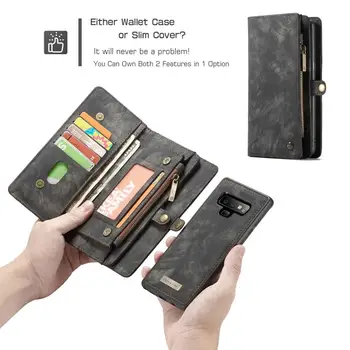 Klapki skórzane etui dla Galaxy Note9 Wielofunkcyjny z gniazdem kart i uchwytem i zamknięciem na zamek błyskawiczny portfel i zdejmowana ramka pozioma