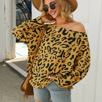 Kobiety Panie Leopard Print Z Długim Rękawem Casual Topy Jesień Zima Ciepły Sweter Bluza Bluzka Sweter