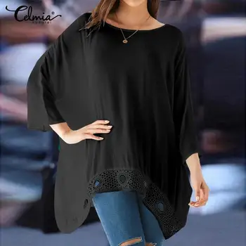 Kobiety bluzki Celmia 2019 Lato Jesień O-neck rękaw damska topy, dorywczo temat hollow Blusas Mujer plus size