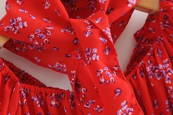 Kobiety kwadratowa szyja kwiatowy print mini sukienka z szalikiem sexy czerwona sukienka kwiatowy print z latarnią rękawem