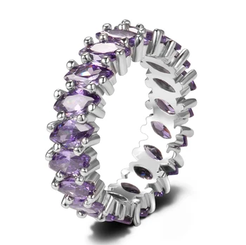 Kobiety luksus wieczność obrączka pierścień 925 srebrny pierścień z fasetowym fioletowy sześciennych Cyrkon moda damska biżuteria prezent jubileuszowy