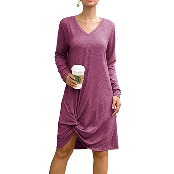 Kobiety luźny t-shirt sukienka z długim rękawem V neck tunika meble odzież jesień panie krótkie codzienne sukienki WL08